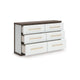 Keny Wide Dresser | 6 Drawers | Champagne Handles | White & Brown Wood