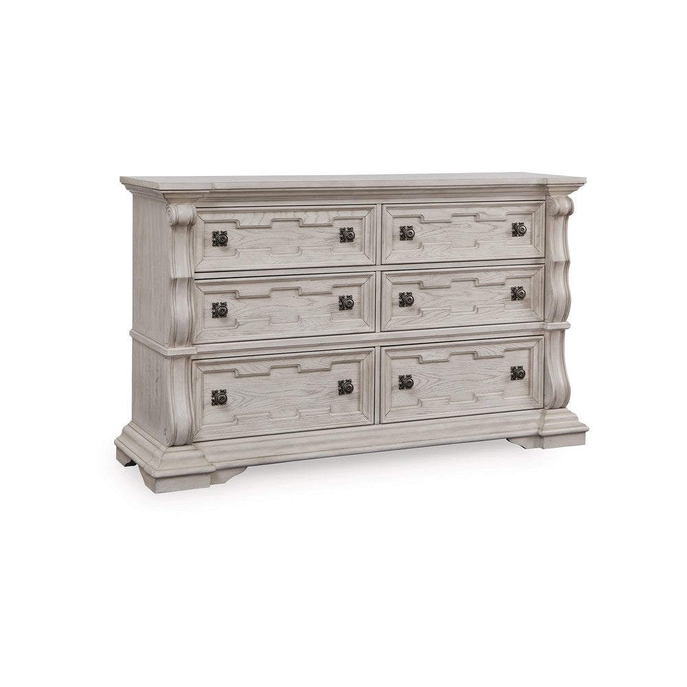 Bryl Wide Dresser | 6 Drawers | Swirled Top | Antique White Carved Fronts
