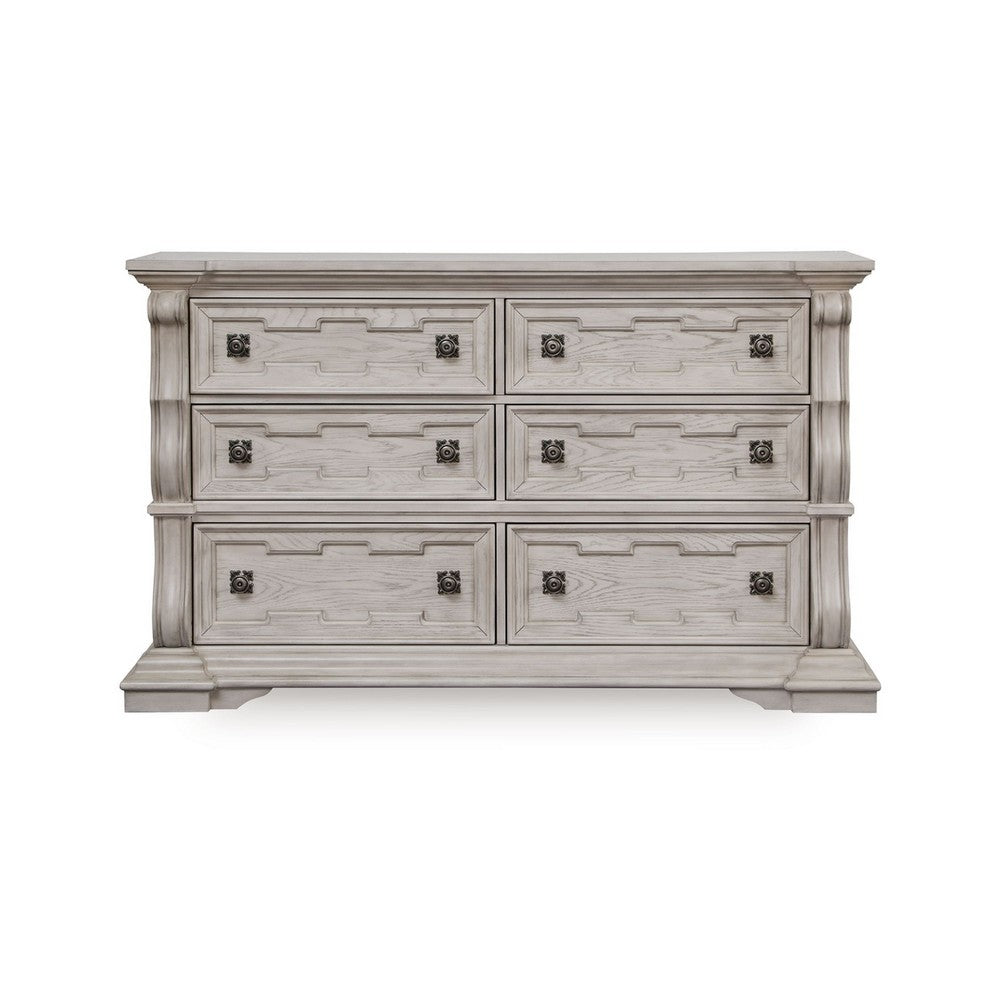 Bryl Wide Dresser | 6 Drawers | Swirled Top | Antique White Carved Fronts