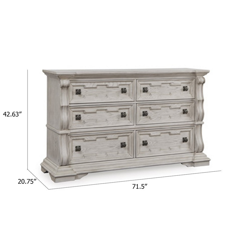 Bryl Wide Dresser | 6 Drawers | Swirled Top | Antique White Carved Fronts