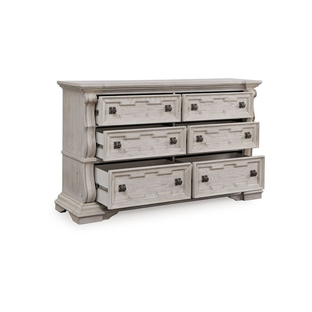 Bryl Wide Dresser | 6 Drawers | Swirled Top | Antique White Carved Fronts