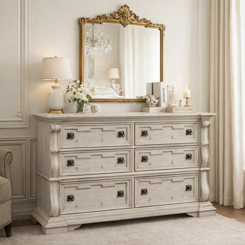 Bryl Wide Dresser | 6 Drawers | Swirled Top | Antique White Carved Fronts