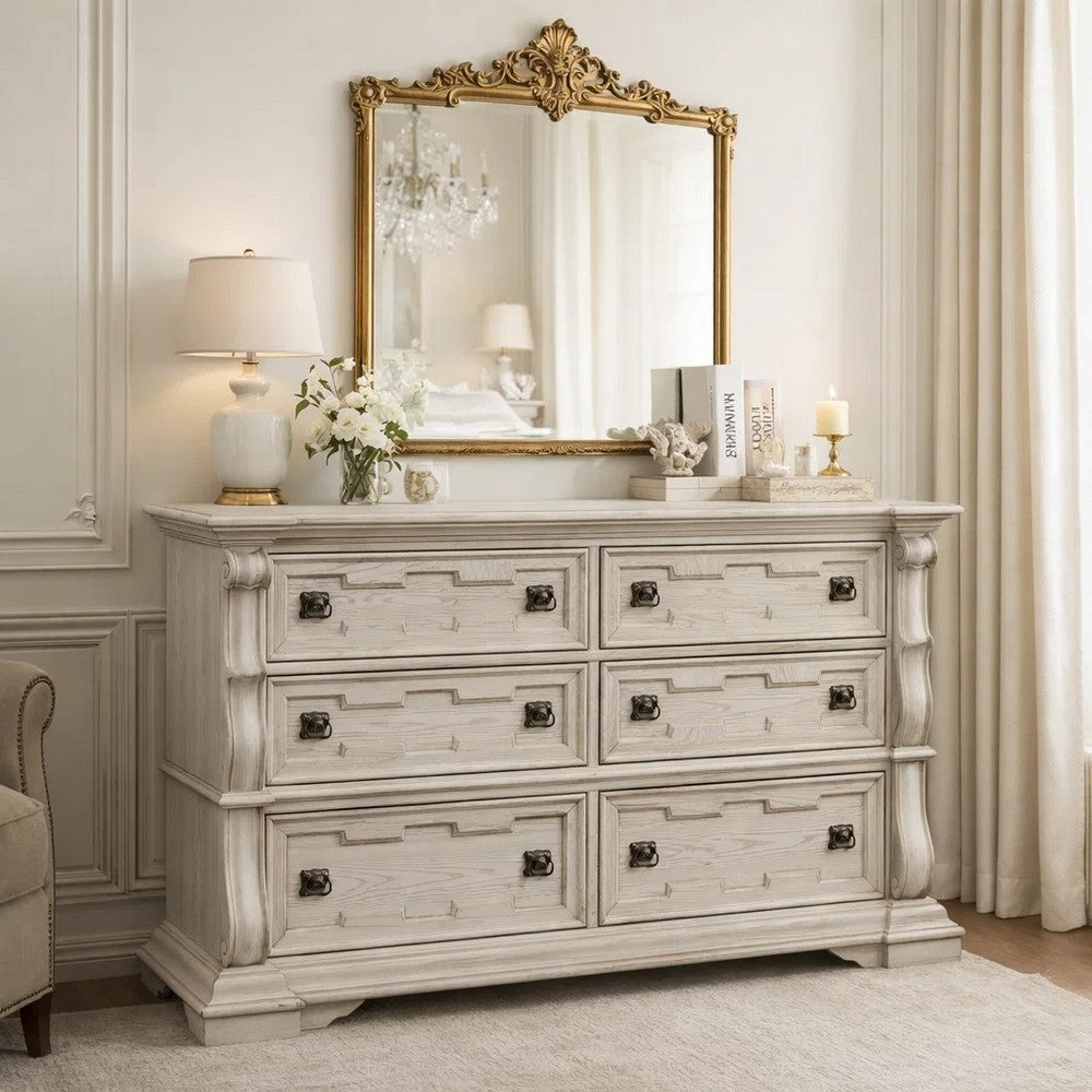 Bryl Wide Dresser | 6 Drawers | Swirled Top | Antique White Carved Fronts