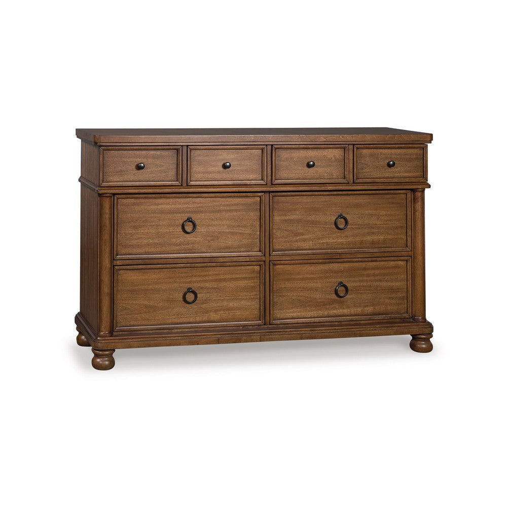 Rowy 8 Drawer Wide Dresser | Pewter Handles | Traditional Medium Brown Wood