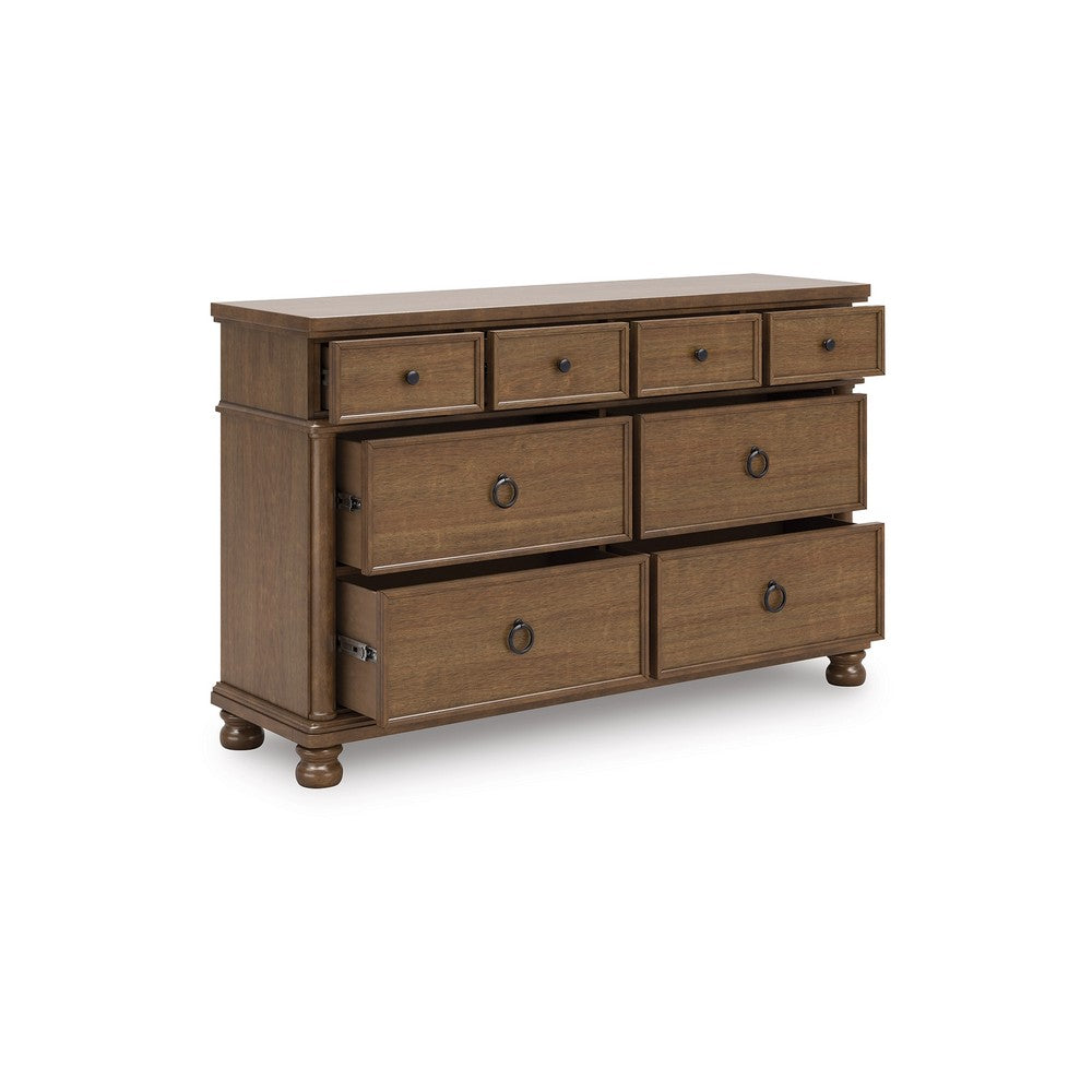 Rowy 8 Drawer Wide Dresser | Pewter Handles | Traditional Medium Brown Wood