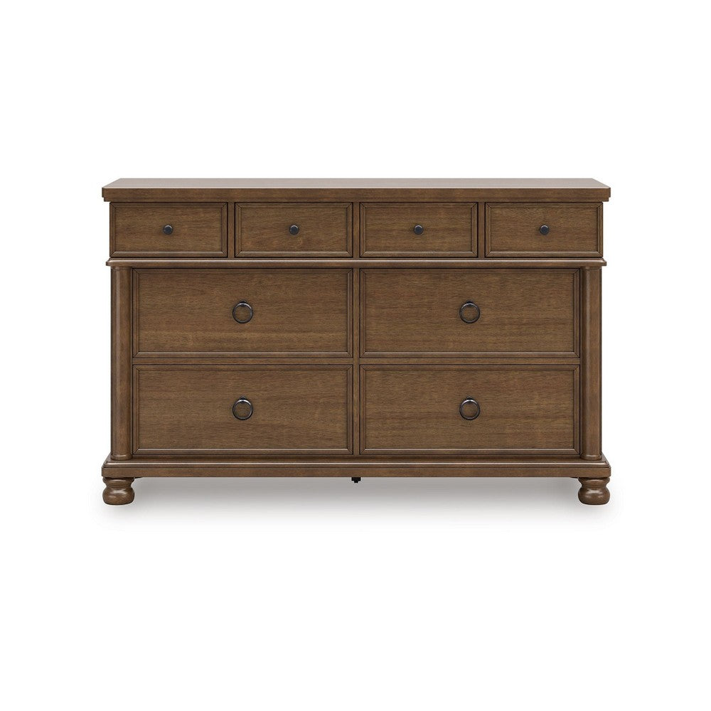 Rowy 8 Drawer Wide Dresser | Pewter Handles | Traditional Medium Brown Wood