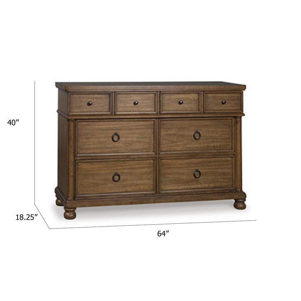Rowy 8 Drawer Wide Dresser | Pewter Handles | Traditional Medium Brown Wood