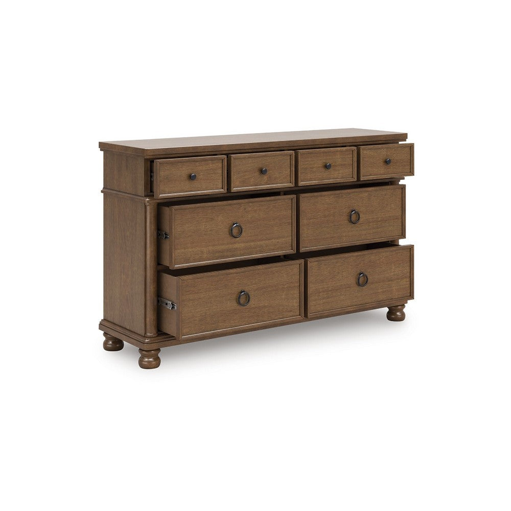 Rowy 8 Drawer Wide Dresser | Pewter Handles | Traditional Medium Brown Wood