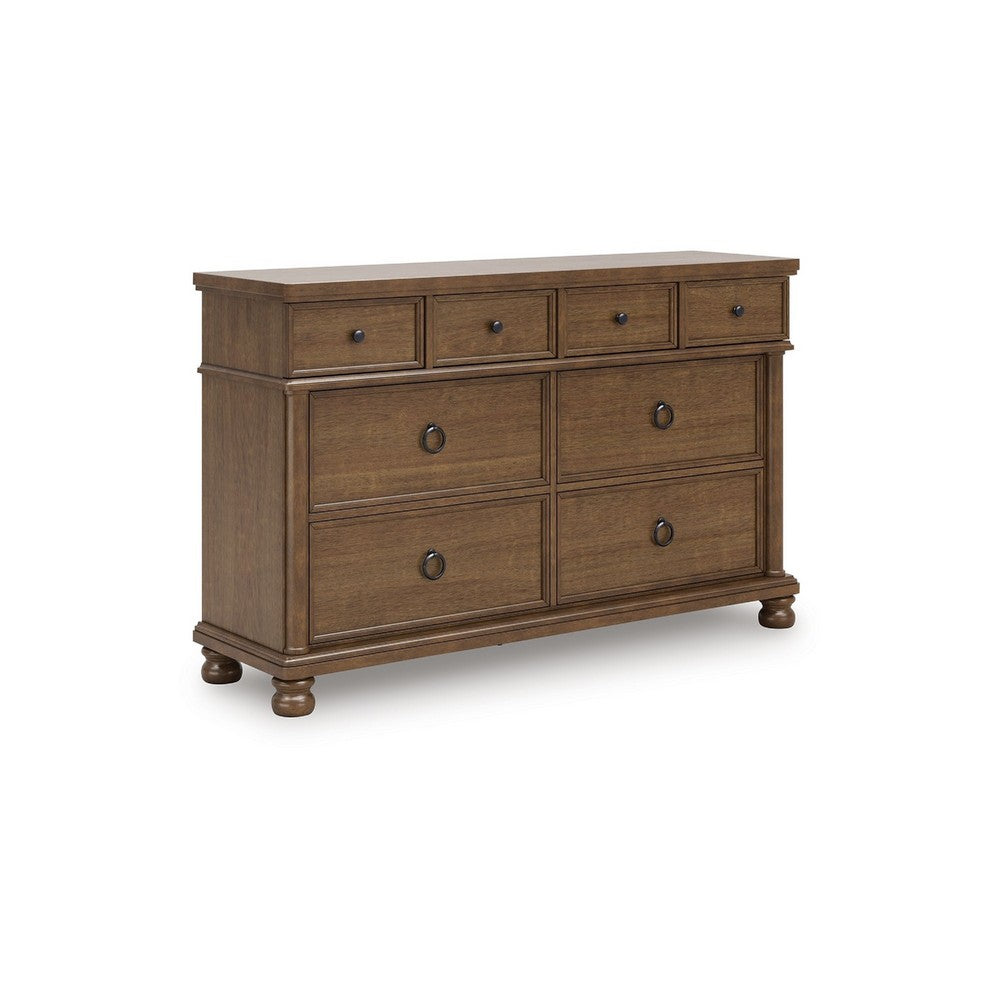 Rowy 8 Drawer Wide Dresser | Pewter Handles | Traditional Medium Brown Wood