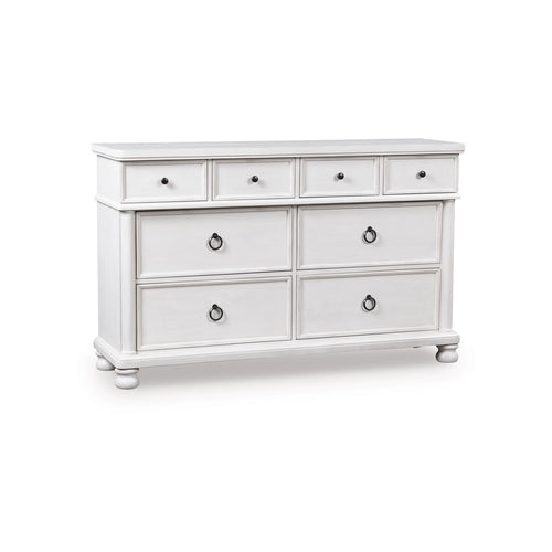 Rowy 8 Drawer Wide Dresser | Pewter Handles | Rubbed Antique White Wood