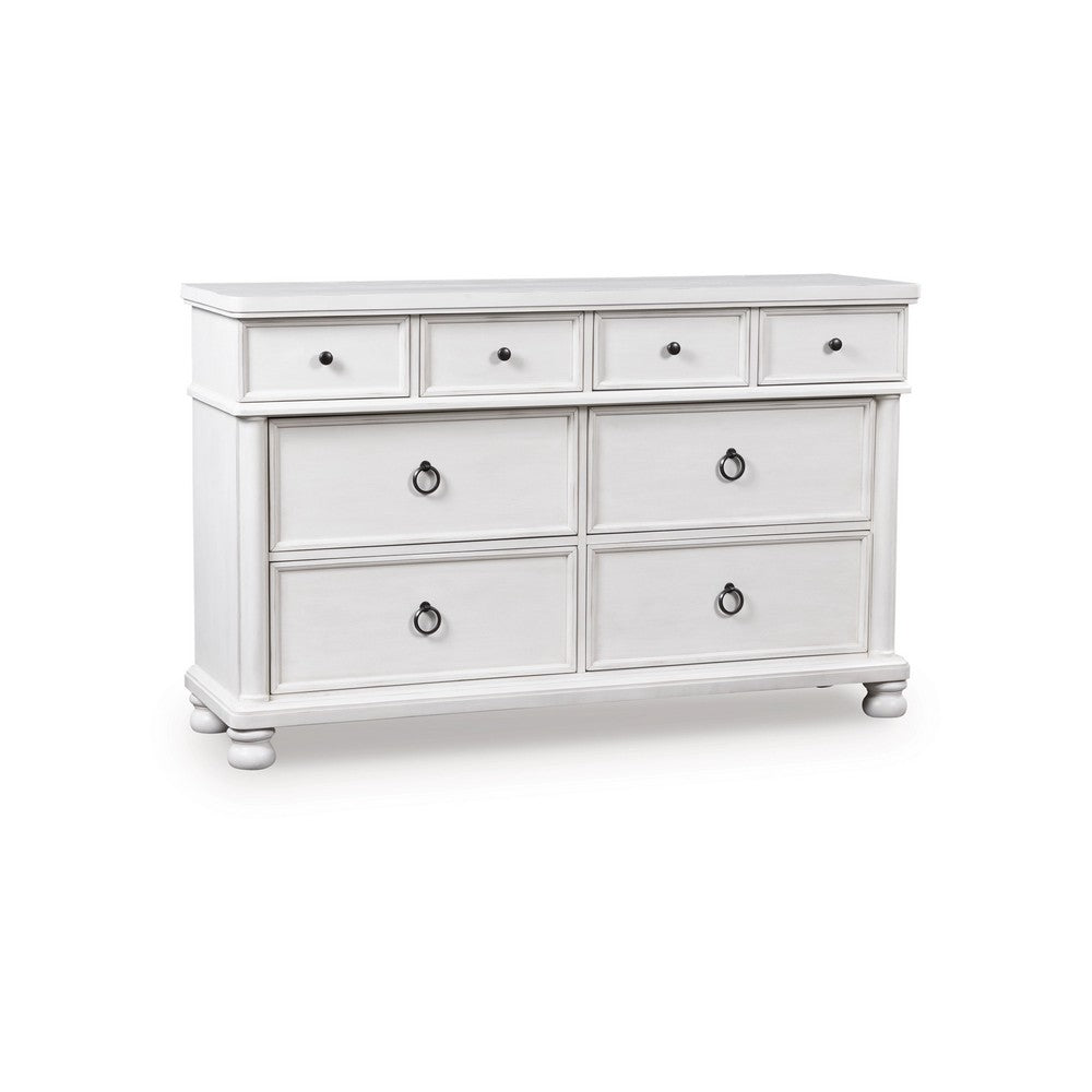 Rowy 8 Drawer Wide Dresser | Pewter Handles | Rubbed Antique White Wood