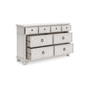 Rowy 8 Drawer Wide Dresser | Pewter Handles | Rubbed Antique White Wood