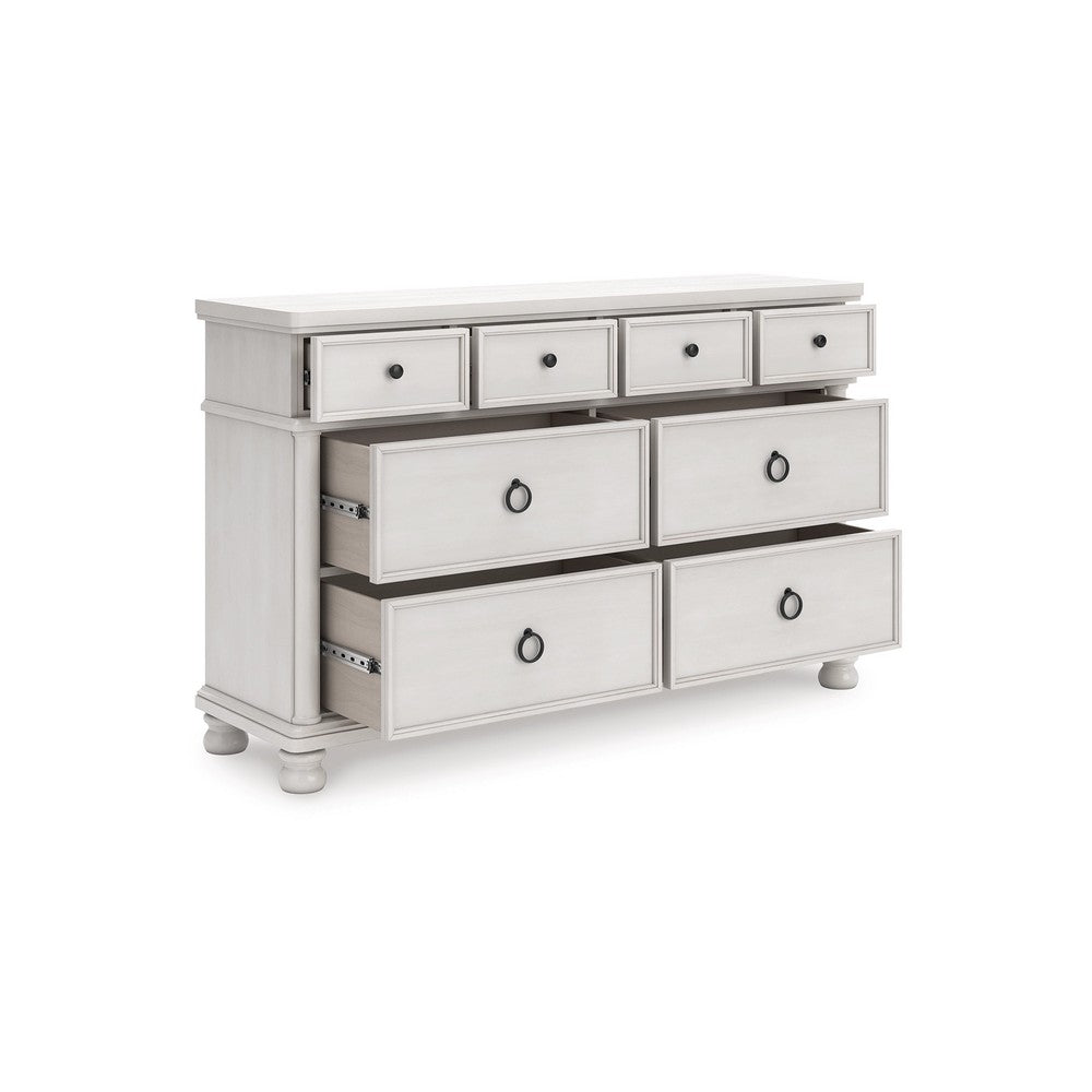 Rowy 8 Drawer Wide Dresser | Pewter Handles | Rubbed Antique White Wood