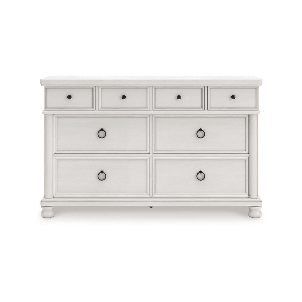 Rowy 8 Drawer Wide Dresser | Pewter Handles | Rubbed Antique White Wood