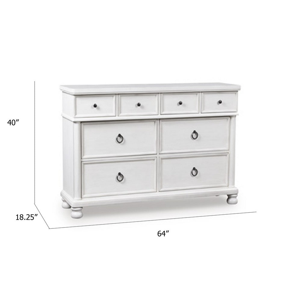 Rowy 8 Drawer Wide Dresser | Pewter Handles | Rubbed Antique White Wood