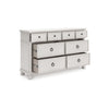 Rowy 8 Drawer Wide Dresser | Pewter Handles | Rubbed Antique White Wood