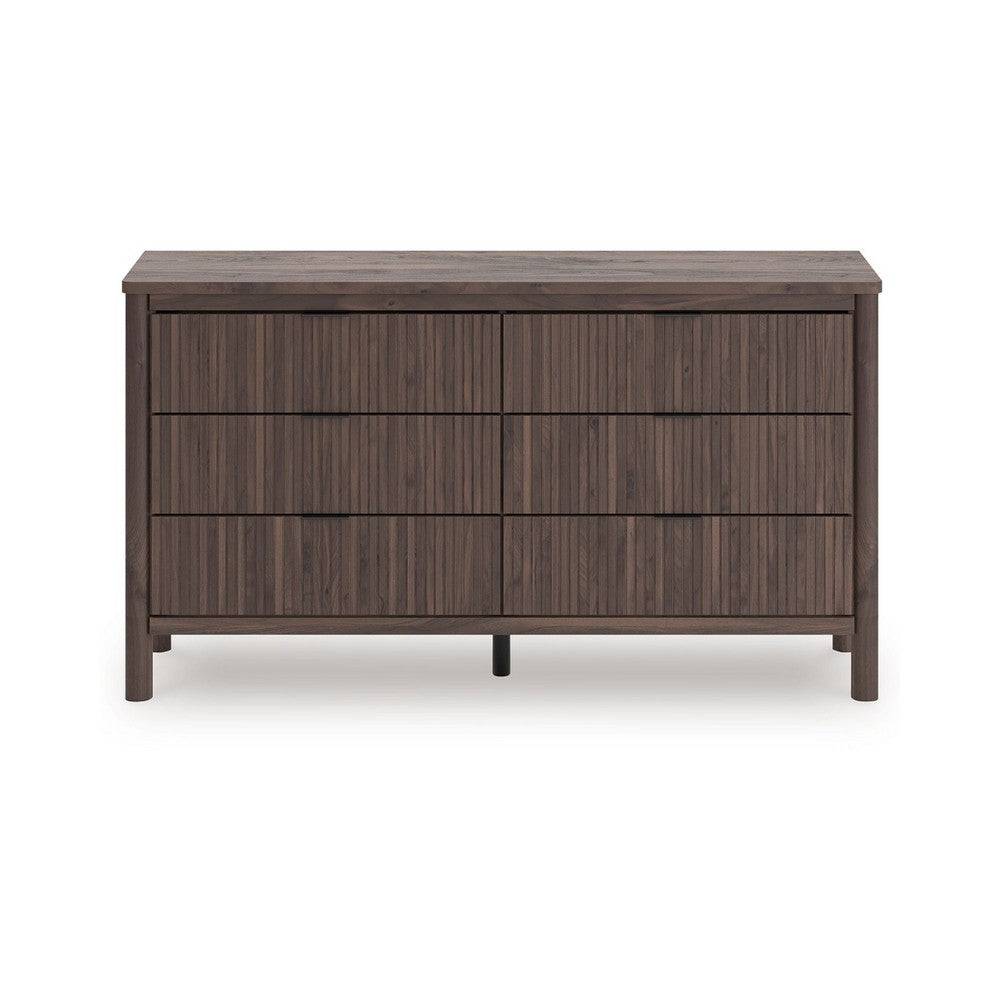 Pemy Wide Dresser | 6 Drawers | Black Handles | Brown Wood Vertical Reeds