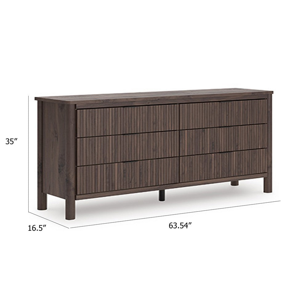 Pemy Wide Dresser | 6 Drawers | Black Handles | Brown Wood Vertical Reeds