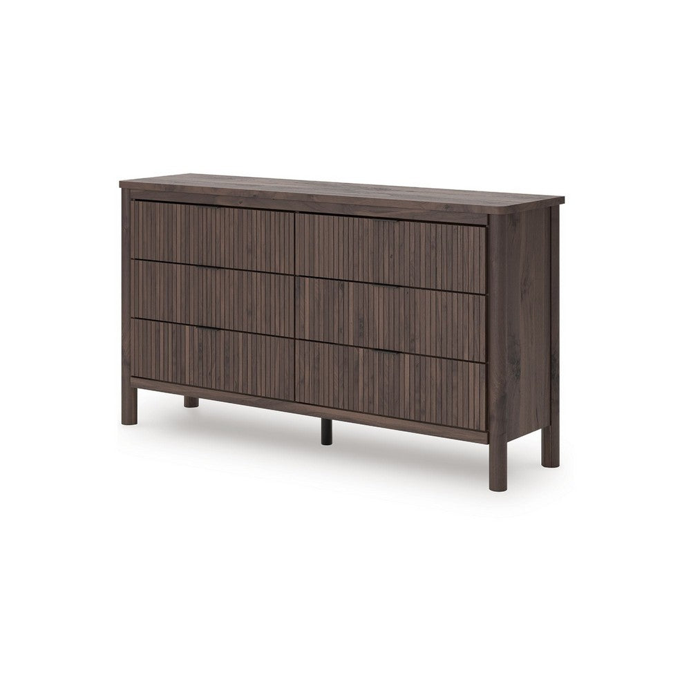 Pemy Wide Dresser | 6 Drawers | Black Handles | Brown Wood Vertical Reeds