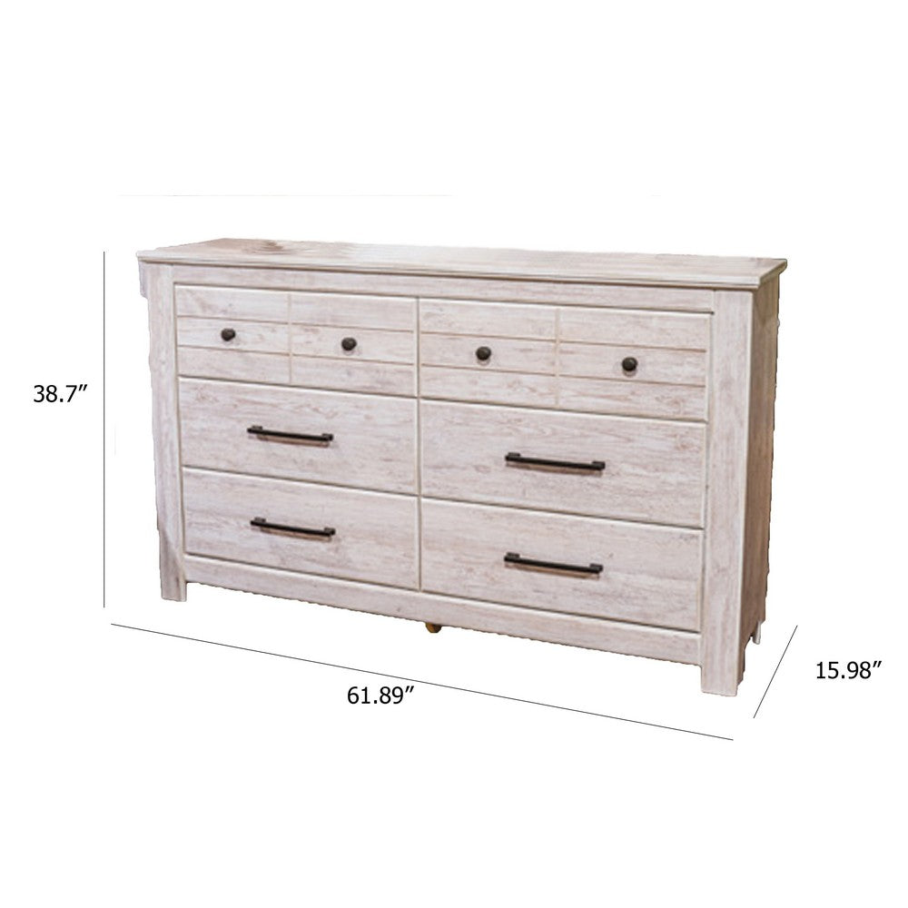 Maki 6 Drawer Wide Dresser | Bronze Hardware | Whitewash Cottage Finish