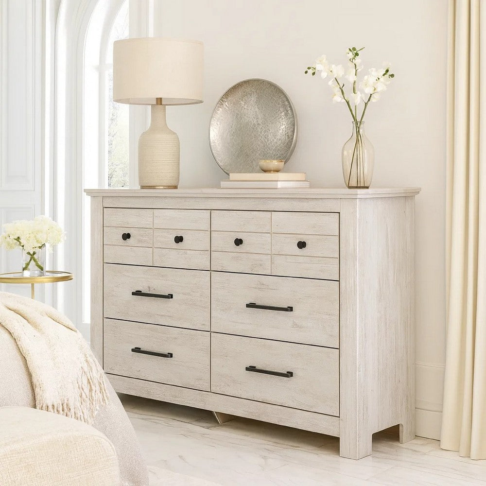 Maki 6 Drawer Wide Dresser | Bronze Hardware | Whitewash Cottage Finish