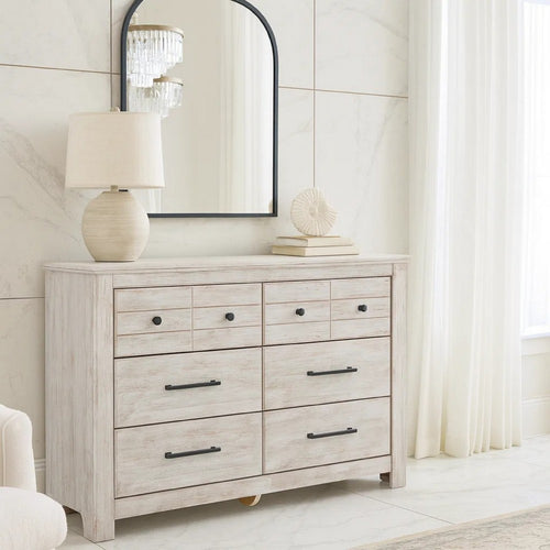 Maki 6 Drawer Wide Dresser | Bronze Hardware | Whitewash Cottage Finish