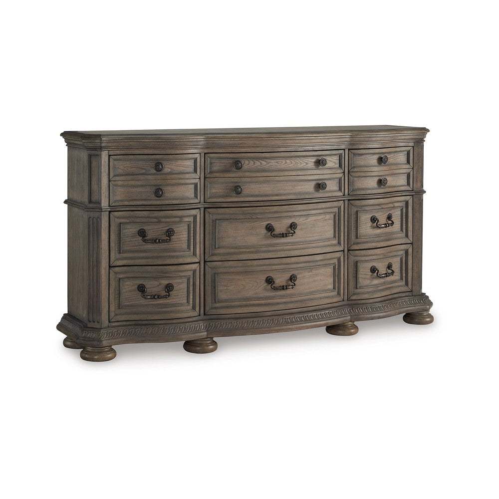 Arie Wide Dresser | Serpentine Curved 9 Drawers | Antique Light Brown