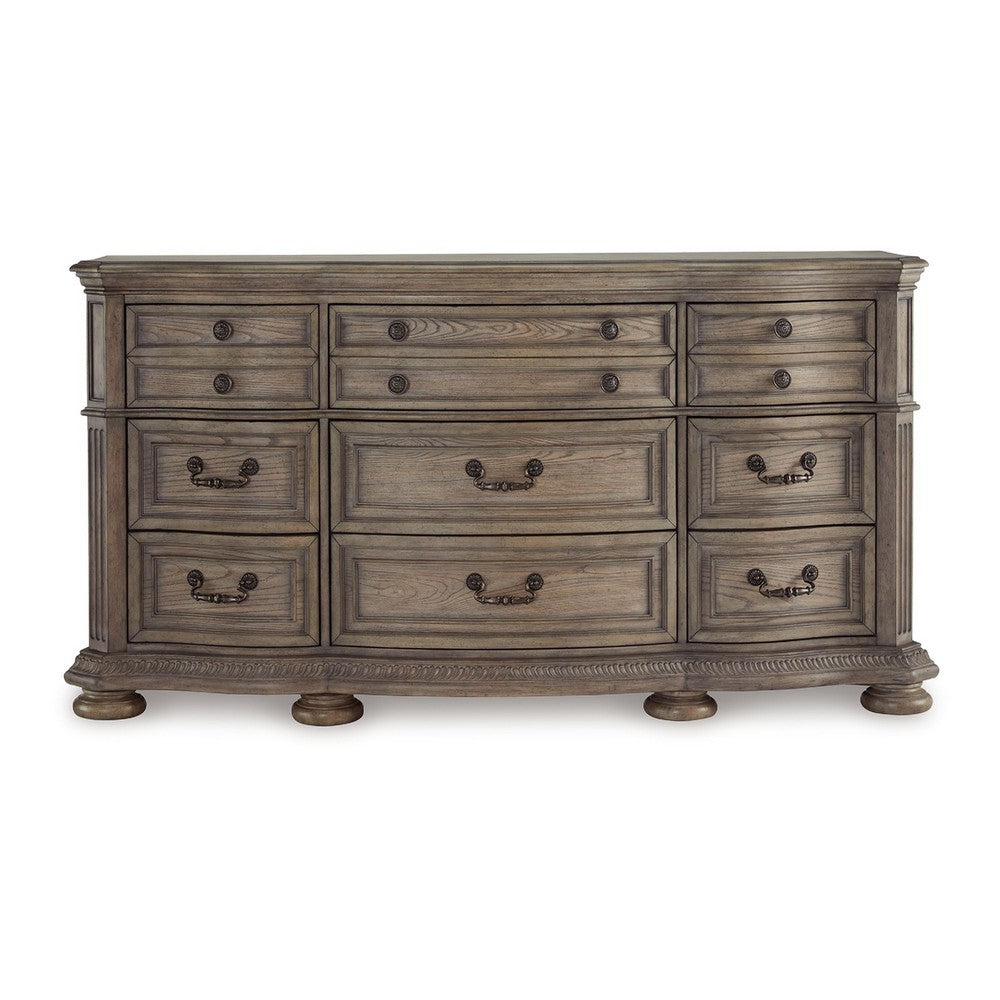 Arie Wide Dresser | Serpentine Curved 9 Drawers | Antique Light Brown