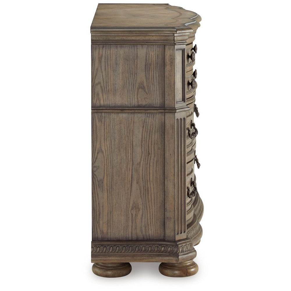 Arie Wide Dresser | Serpentine Curved 9 Drawers | Antique Light Brown