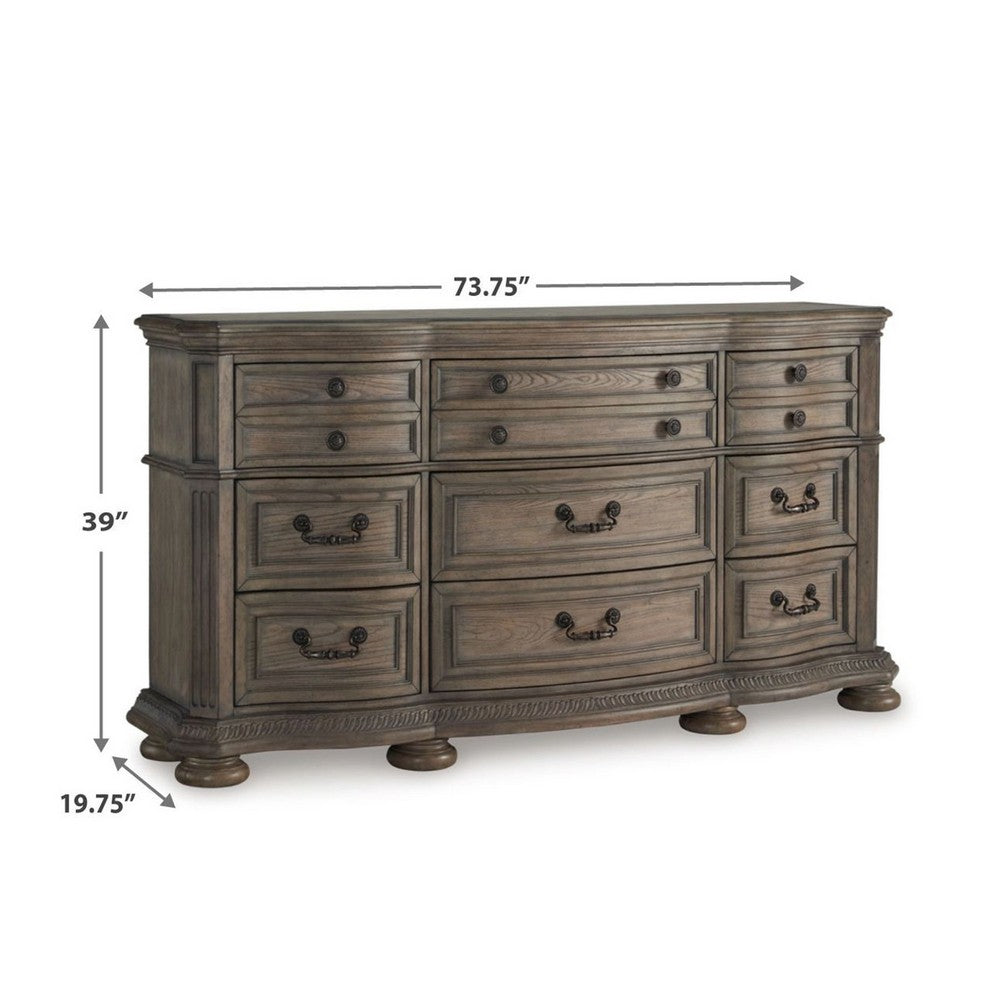 Arie Wide Dresser | Serpentine Curved 9 Drawers | Antique Light Brown