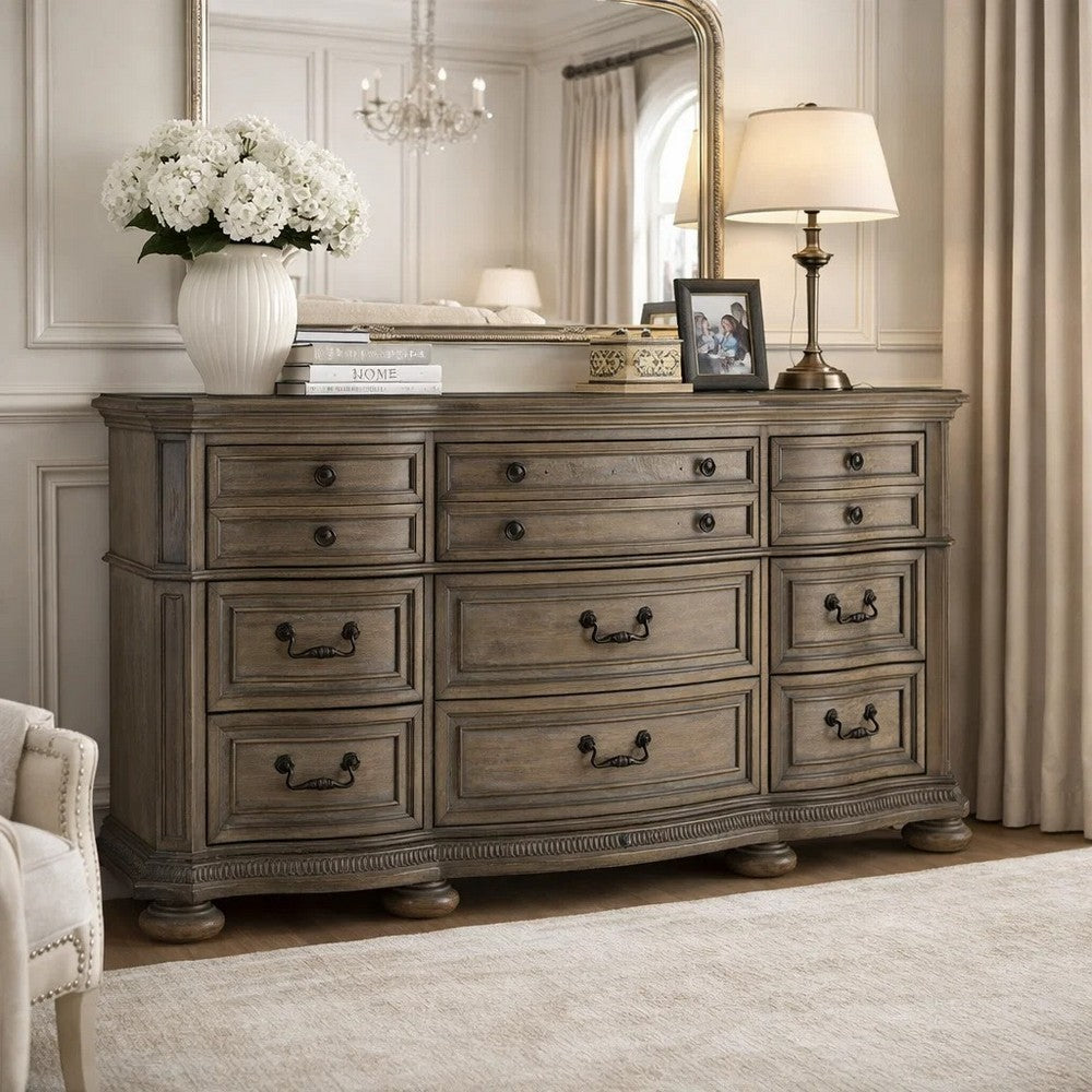 Arie Wide Dresser | Serpentine Curved 9 Drawers | Antique Light Brown