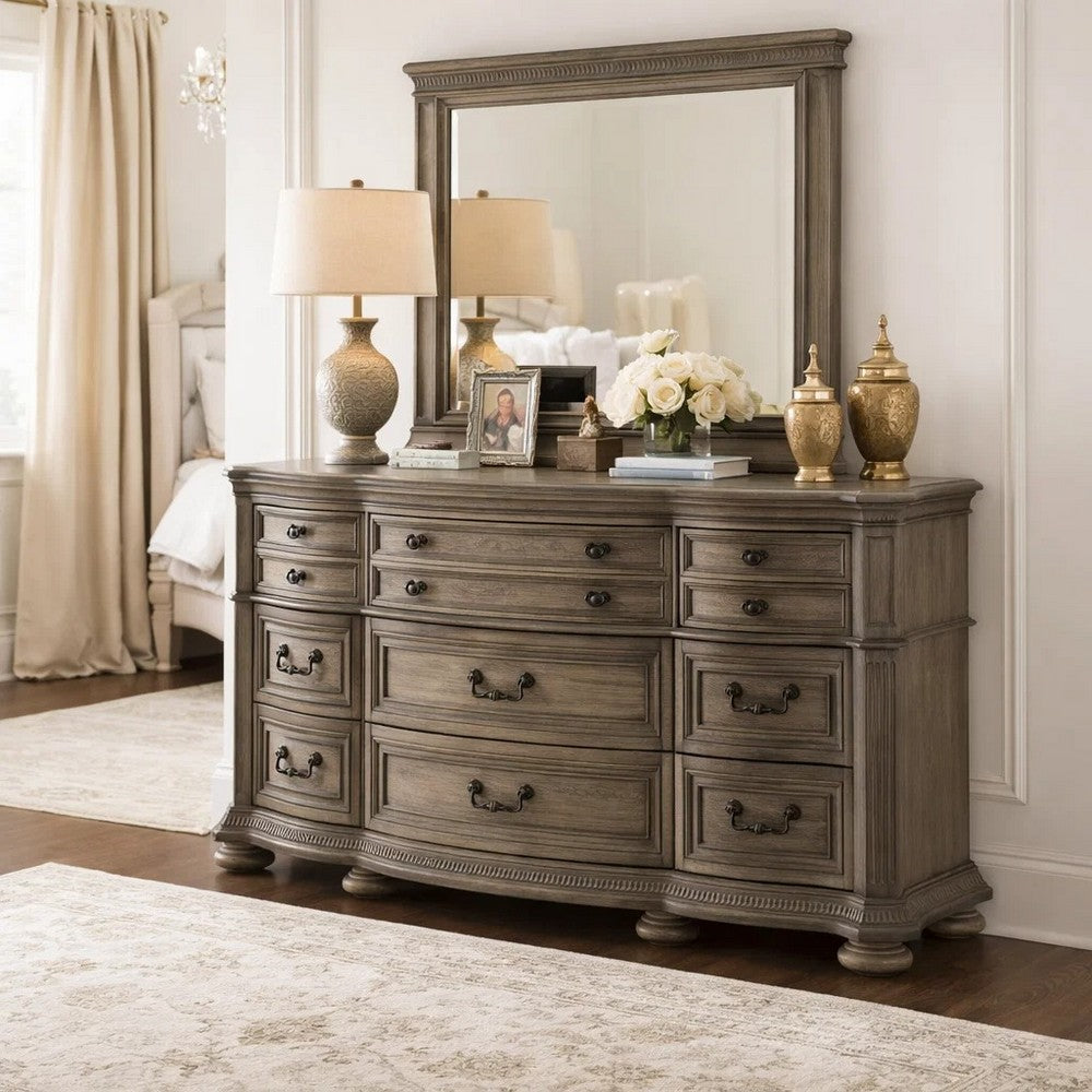 Arie Wide Dresser | Serpentine Curved 9 Drawers | Antique Light Brown