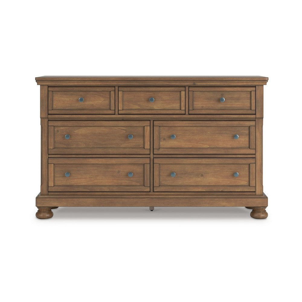 Fedz Wide Dresser | 7 Storage Drawers w Pewter Knobs | Chestnut Brown