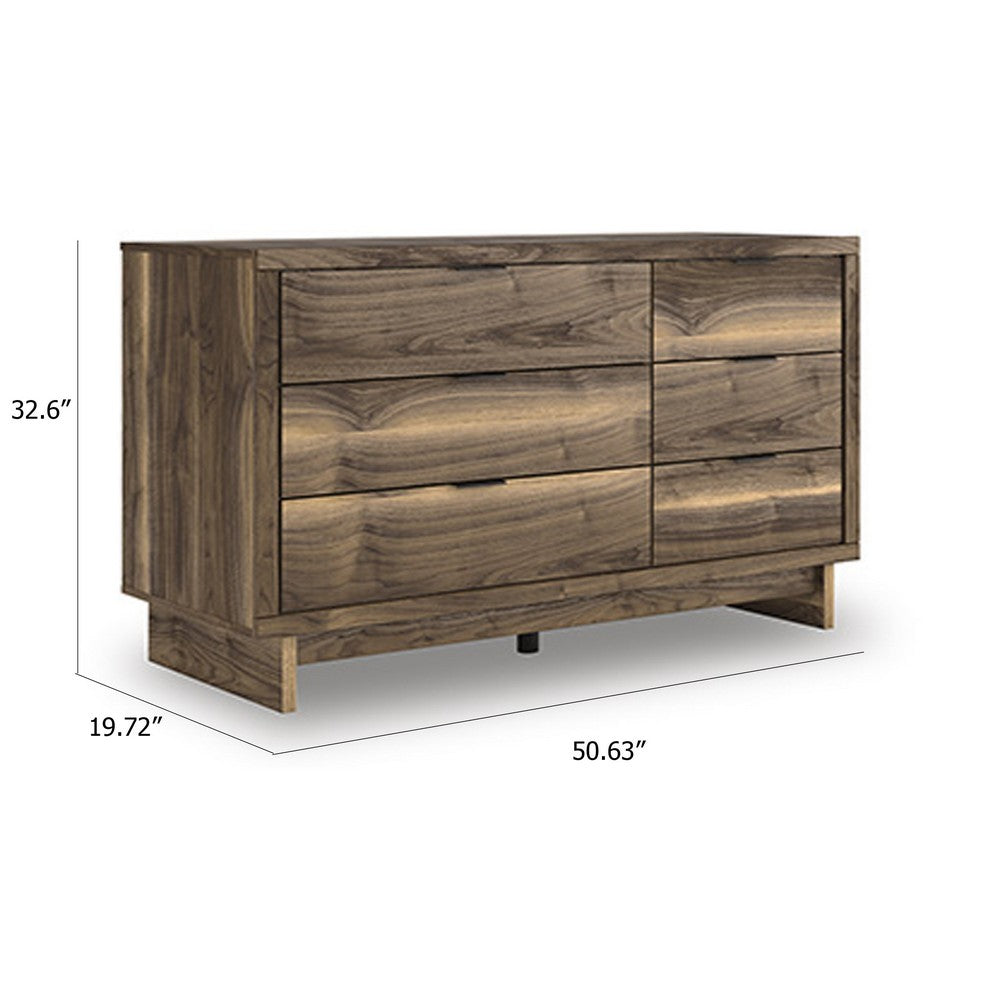 Lina 6 Drawer Wide Dresser | Integrated Handles | 51" Rustic Walnut Brown
