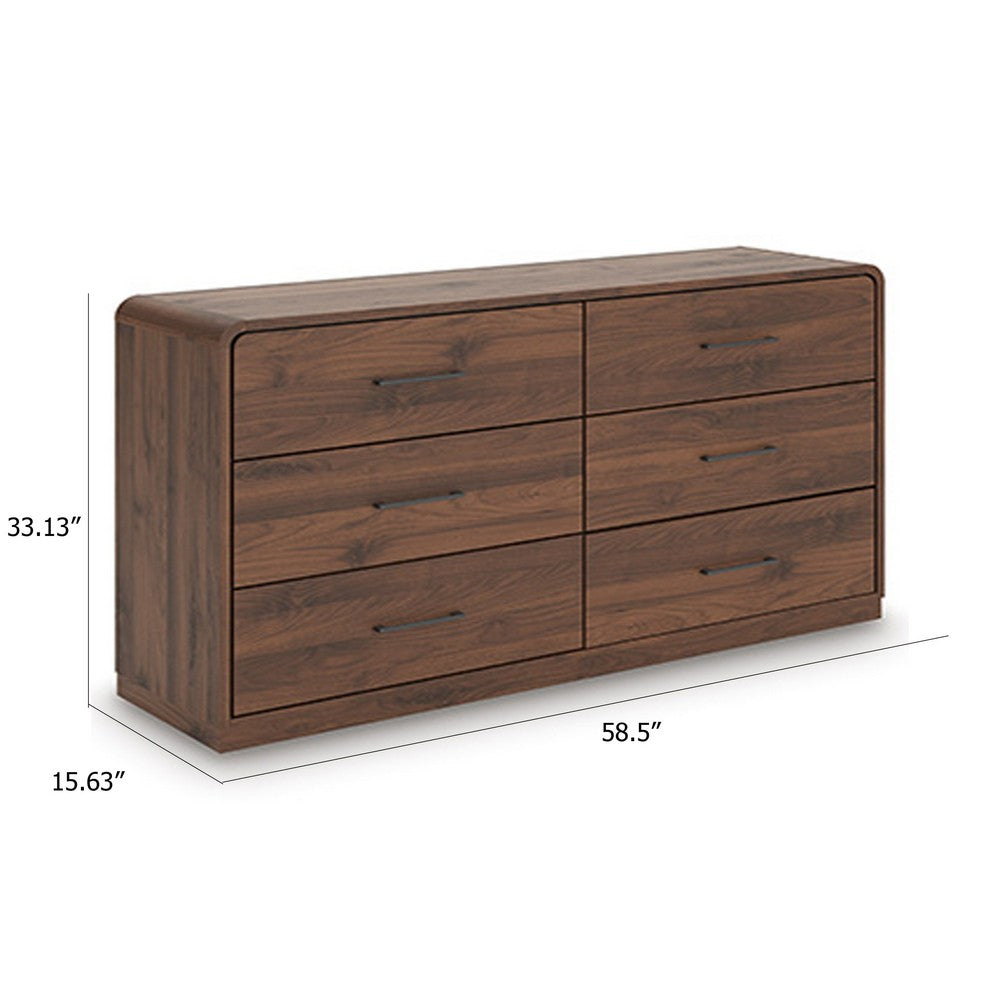 Fery Wide Dresser | 6 Drawers | Black Handles | Modern Sleek Walnut Brown