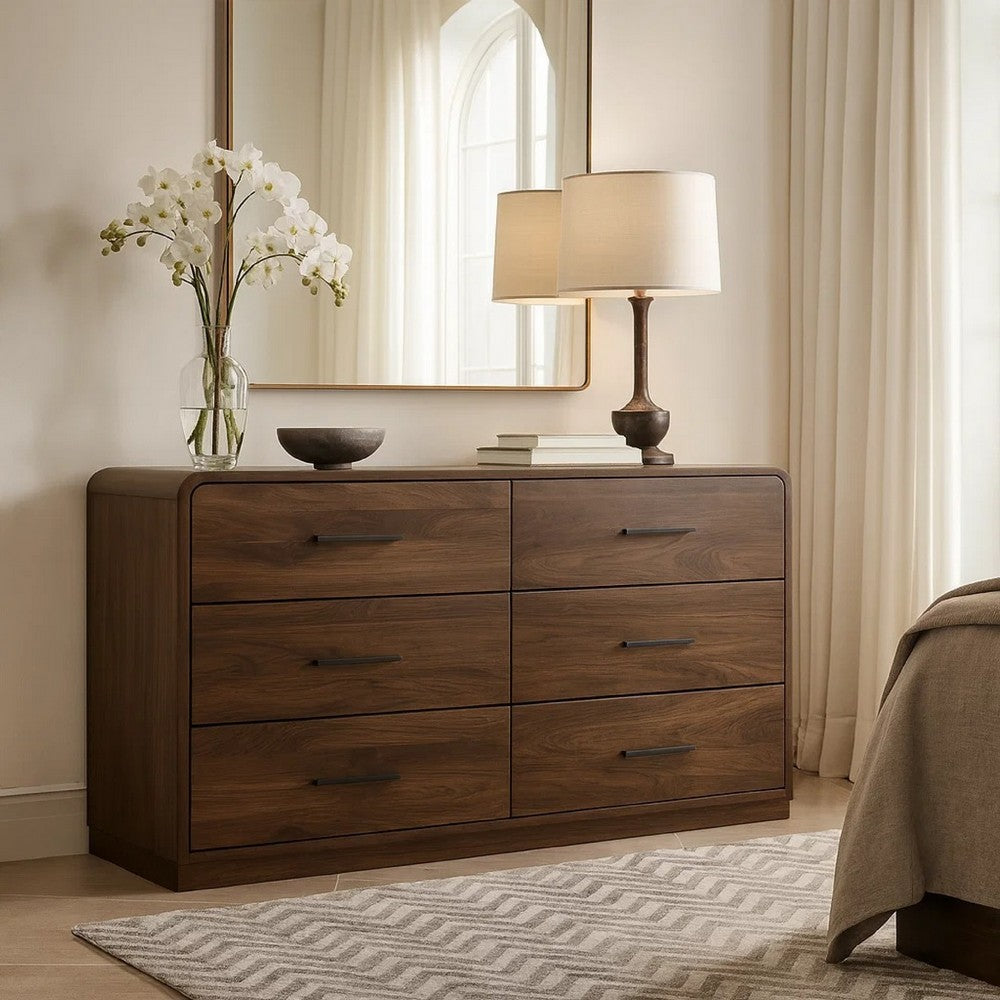 Fery Wide Dresser | 6 Drawers | Black Handles | Modern Sleek Walnut Brown