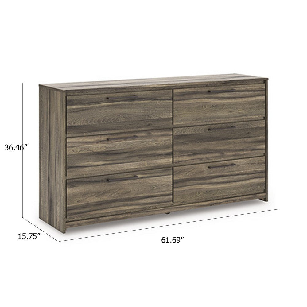 Eli Wide Dresser | 6 Drawers | Antique Gray Metal Pulls | Weathered Brown