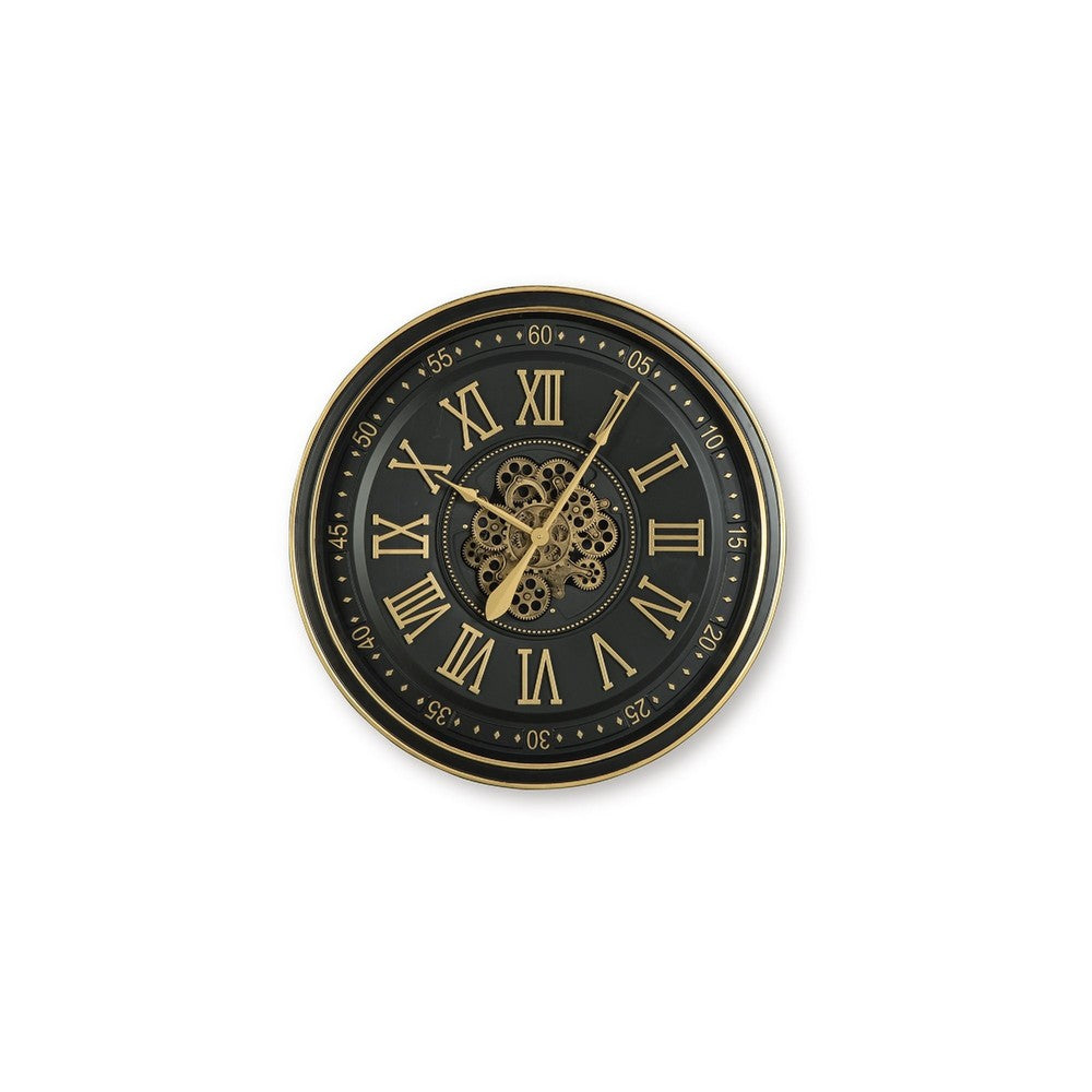 Wall Clock w Gears | Gold Roman Numerals | 32" Round Black Metal