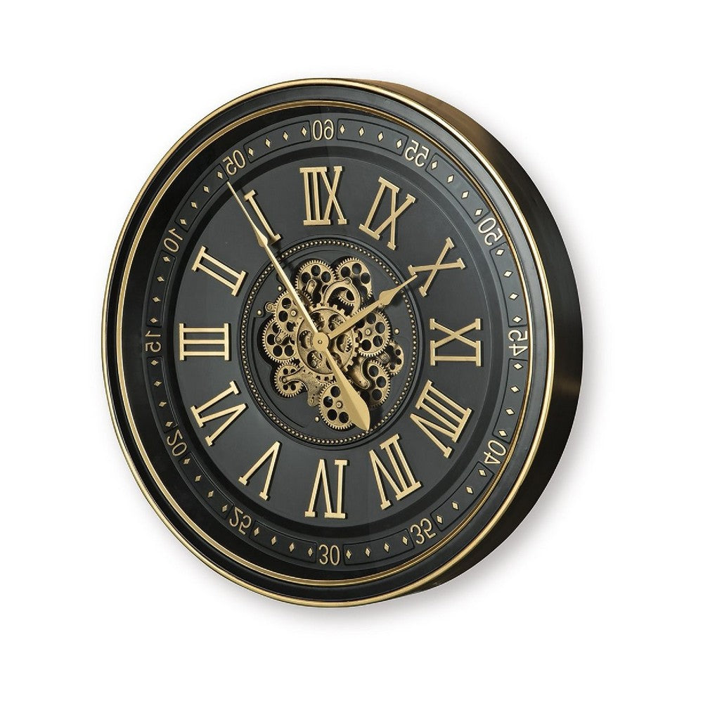 Wall Clock w Gears | Gold Roman Numerals | 32" Round Black Metal