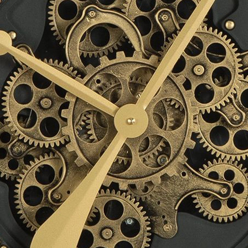 Wall Clock w Gears | Gold Roman Numerals | 32" Round Black Metal