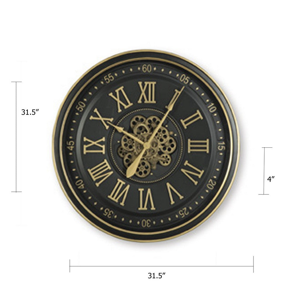 Wall Clock w Gears | Gold Roman Numerals | 32" Round Black Metal