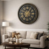 Wall Clock w Gears | Gold Roman Numerals | 32" Round Black Metal