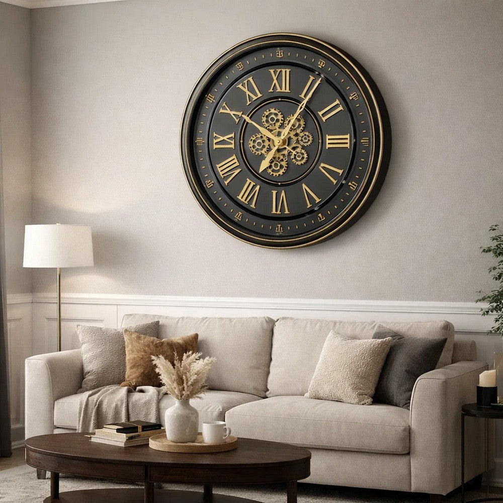 Wall Clock w Gears | Gold Roman Numerals | 32" Round Black Metal