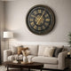 Wall Clock w Gears | Gold Roman Numerals | 32" Round Black Metal