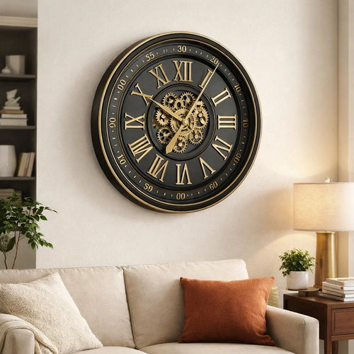 Wall Clock w Gears | Gold Roman Numerals | 32" Round Black Metal
