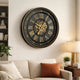 Wall Clock w Gears | Gold Roman Numerals | 32" Round Black Metal