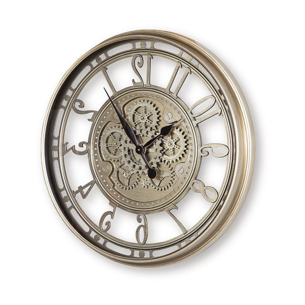 27" Round Wall Clock | Moving Gears | Standard Numbers | Champagne Gold