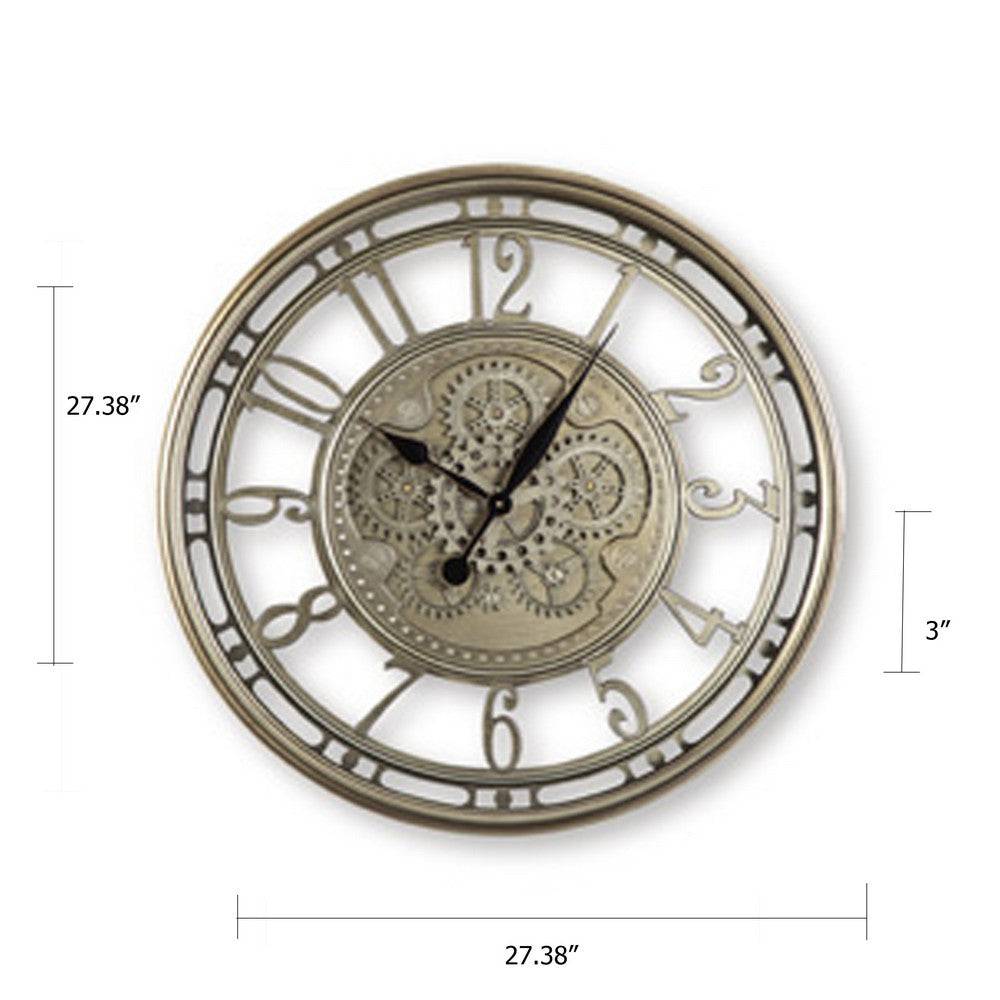 27" Round Wall Clock | Moving Gears | Standard Numbers | Champagne Gold