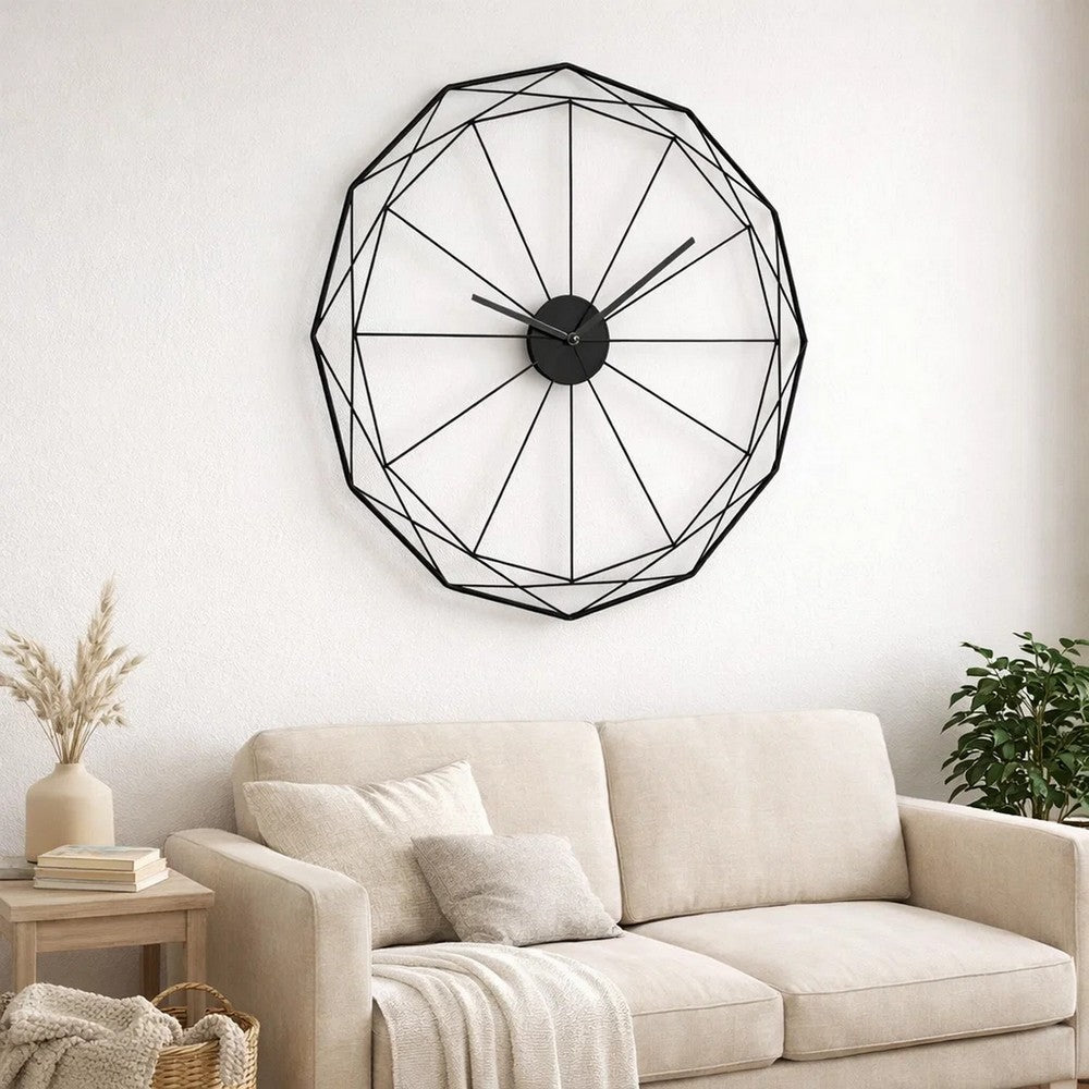 Wall Clock | Black Metal Geometric Edge Border | Abstract Open Frame | 36"