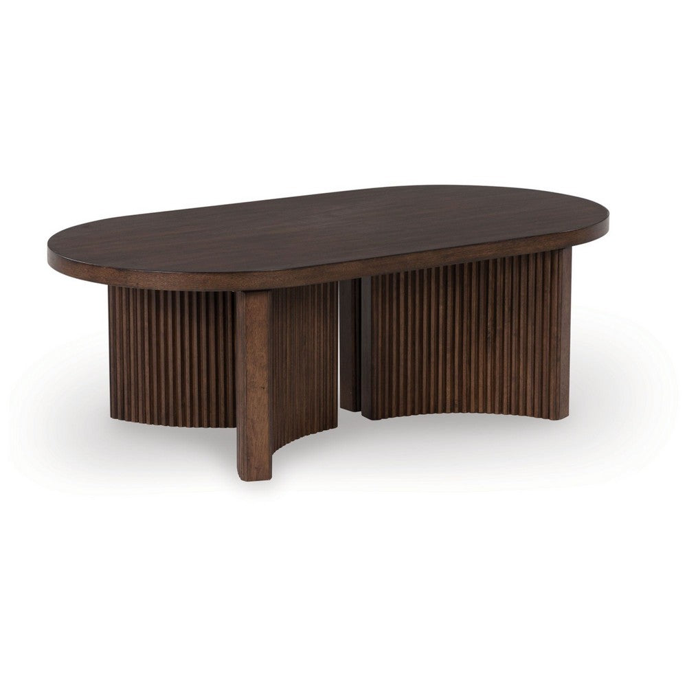 Jeno Coffee Table | 51" Oval | 4 Curved Reeded Plinth Bases | Brown Wood